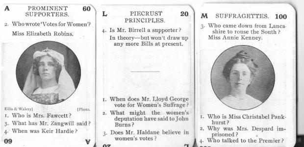Elizabeth Robins, as author of 'Votes for Women!' featured on a card in 'The Game of the Suffragette'