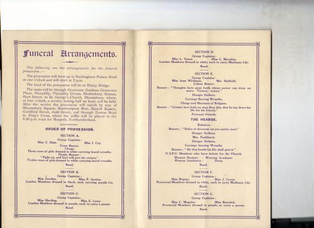 Inside pages of the programme for Emily Davison's funeral procession